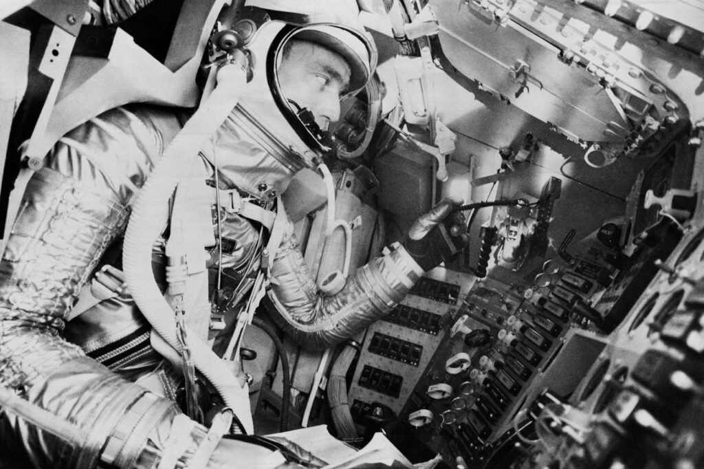 Scott Carpenter undergoes a simulated mission in the procedures trainer at Langley Air Force Base, Virginia