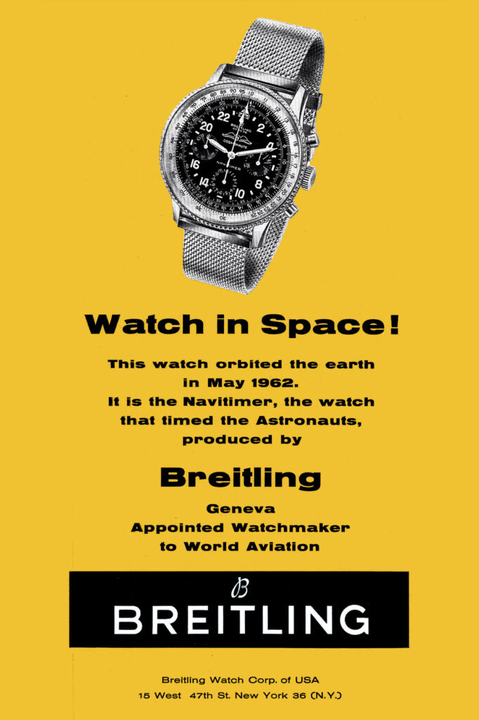 Navitimer Cosmonaute advertisement from 1963 for the first Swiss wrist chronograph to travel in space in 1962