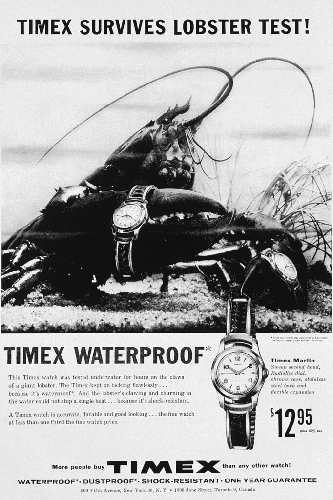 Timex ran these magazine ads in the early 1950s– printed versions of what would become the famous Timex TV “torture tests.