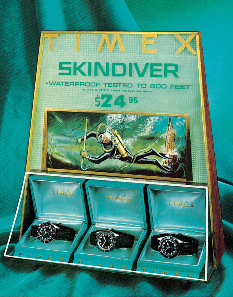 Timex Skindiver watches merchandized in a premium store display, mid-1960s